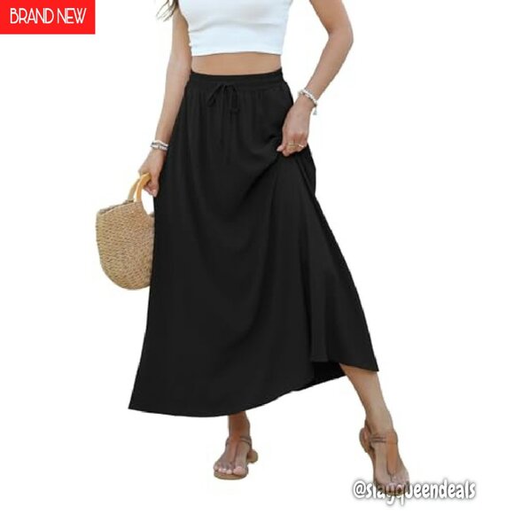 Maxi Skirt High Waisted Pleated Flowy with Pockets Elastic Waist A-Line - Picture 2 of 8